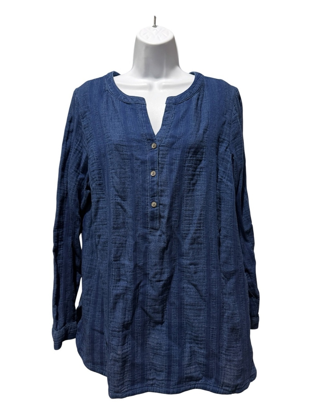Pure Jill Indigo Medium Navy Blue Cotton Tunic Top Pleated Back Side Slits